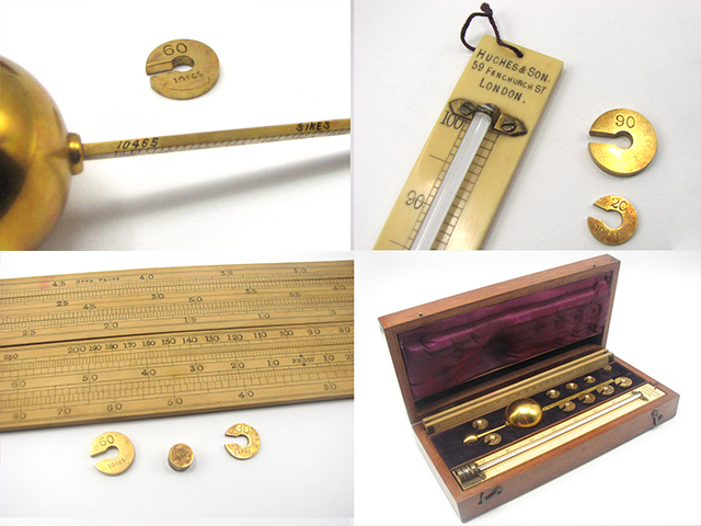 Late 19th century Sikes hydrometer set by Hughes & Son